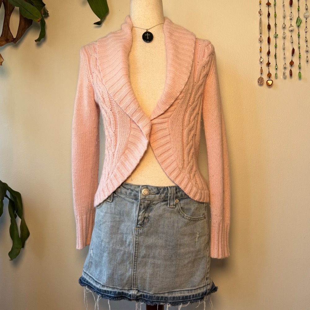 St Johns Bay Pink Sequin Cable Knit Cardigan Angora Blend Y2K Coquette Ballet